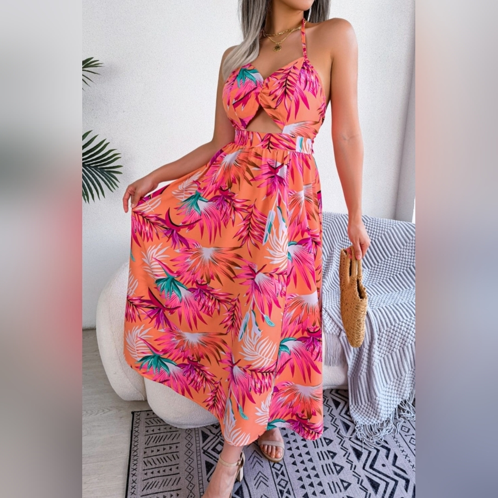 Tropical Keyhole Cutout Midi Backless Slit Leg Dress Bright Hawaiian Palm Boho